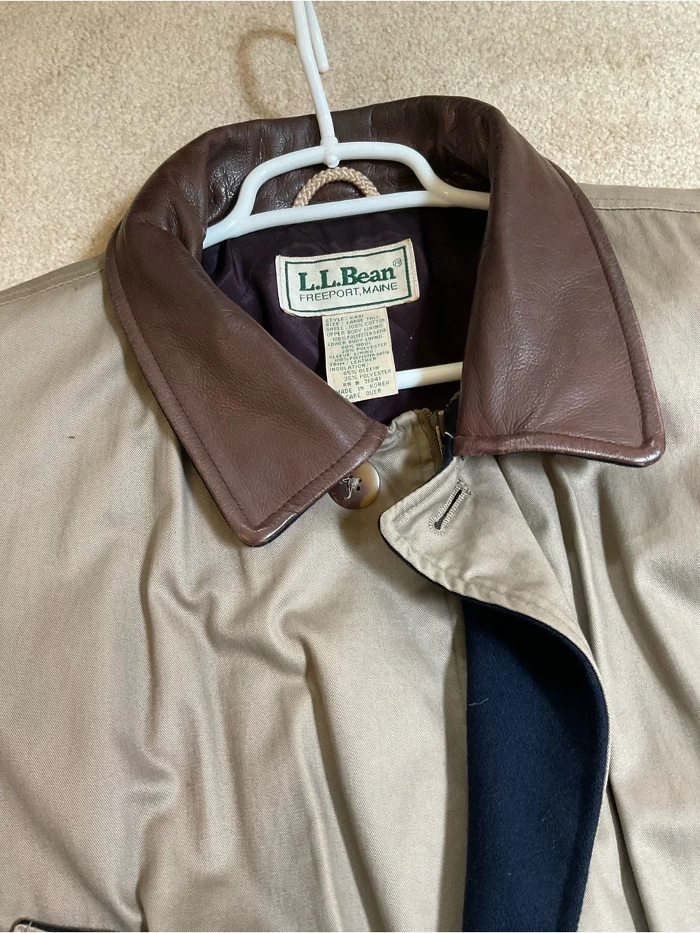 L.L. Bean Men’s Taupe Field Coat with Dark Brown Collar